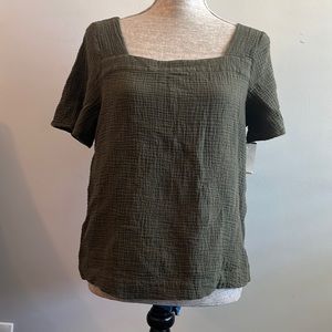 Madewell Gauze Cotton Army Green Short Sleeve Blouse Shirt Womens M